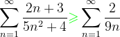 \dpi{120} \sum_{n=1}^{\infty }\frac{2n+3}{5n^{2}+4}{\color{Green} \geqslant } \sum_{n=1}^{\infty }\frac{2}{9n}
